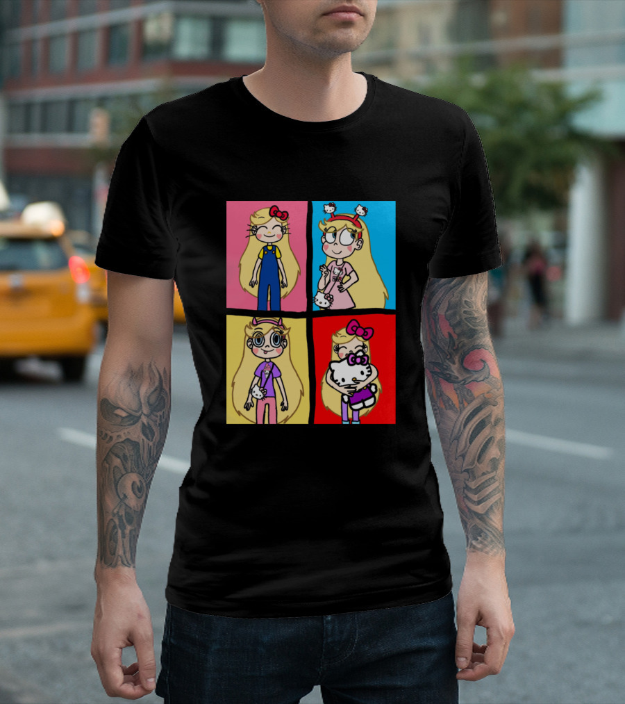 Star Butterfly and Hello Kitty Collaboration Colorful Quadrant T-Shirt