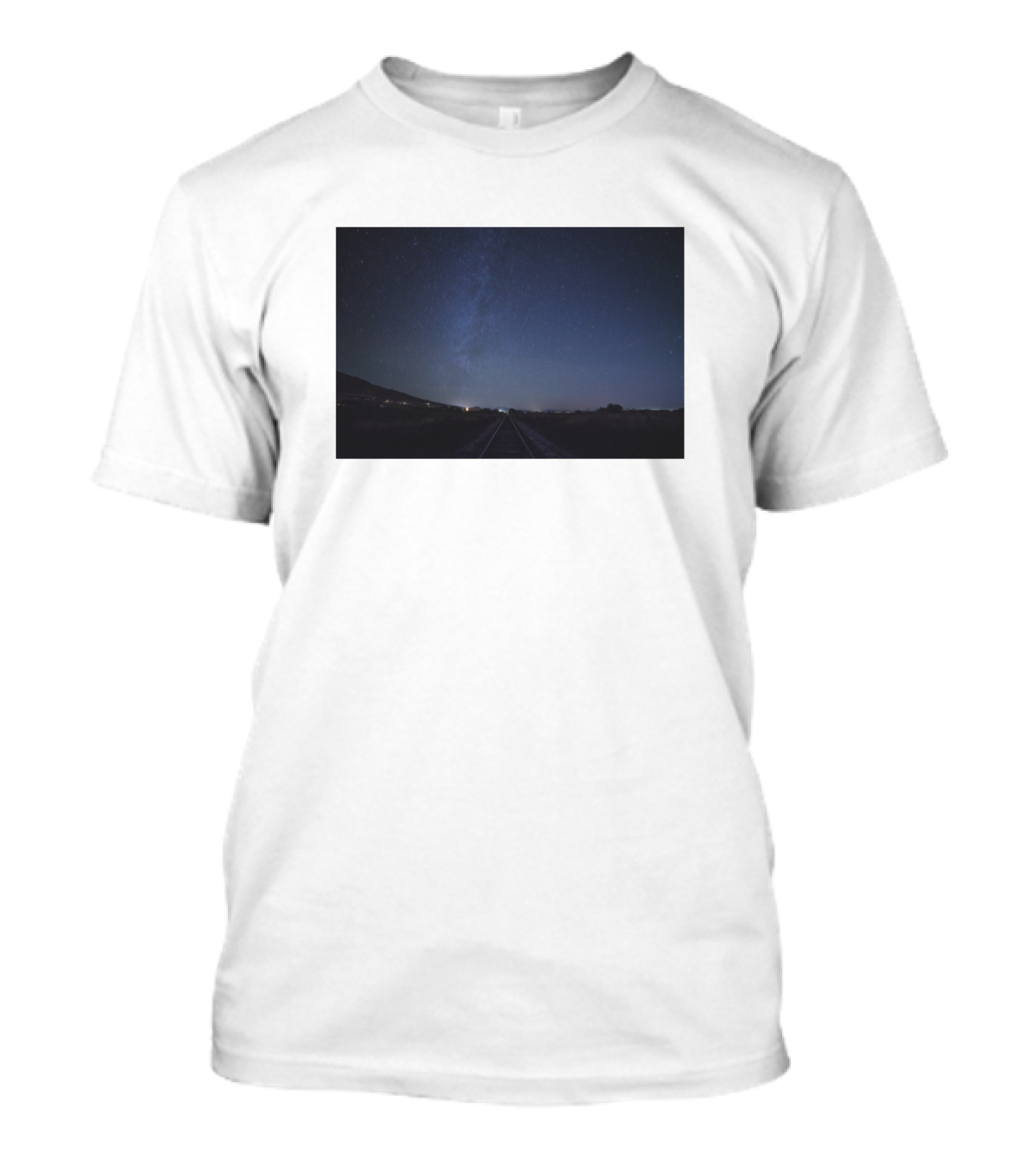 Night Sky Stars With Galaxy Lights On Railroad Horizon T-Shirt