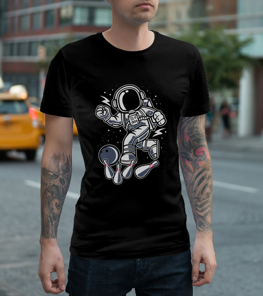 Astronaut Striking Bowling Pins in Space Adventure T-Shirt