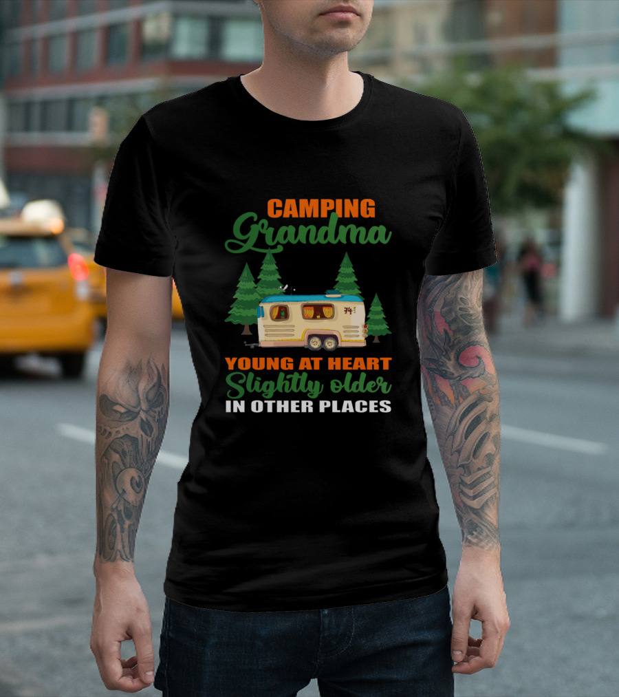 Camping Grandma Young at Heart Slightly Older in Other Places Caravan Forest Scene T-Shirt