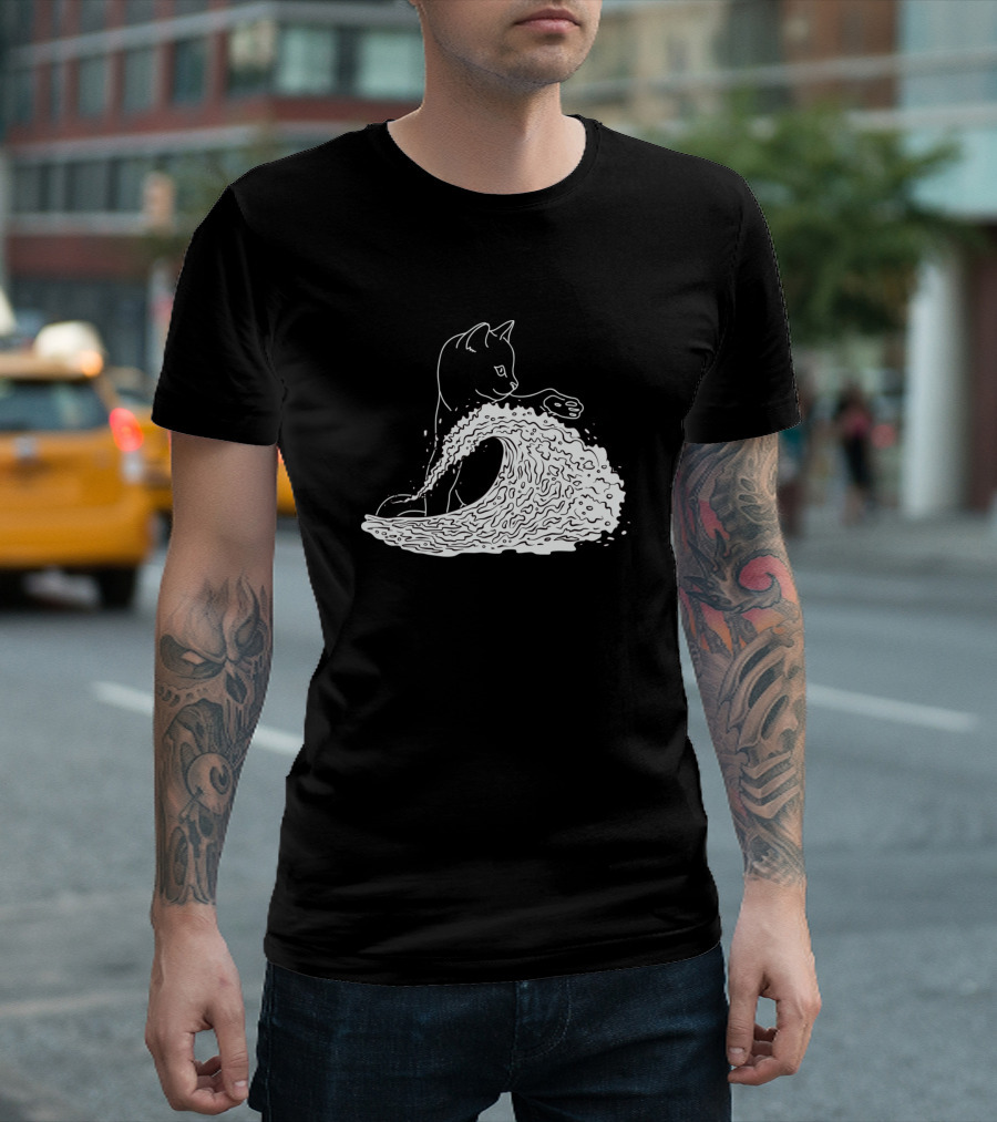 Cat And Waves Black Tee with Ocean Wave T-Shirt