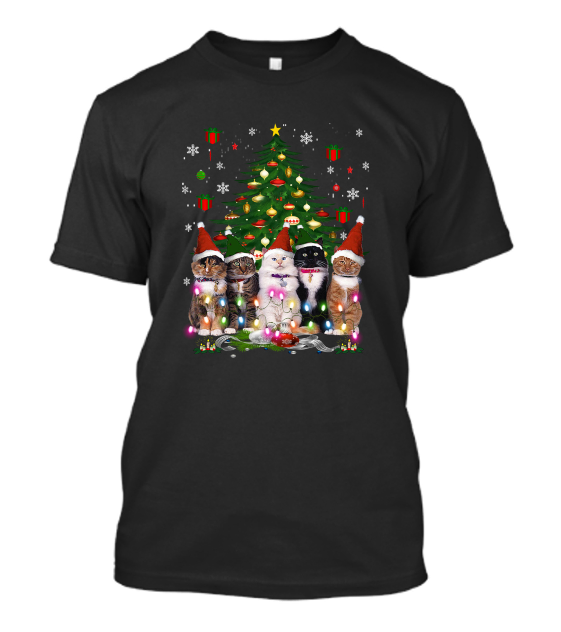 Meowy Christmas Tree Cats With Santa Hats And Lights T-Shirt
