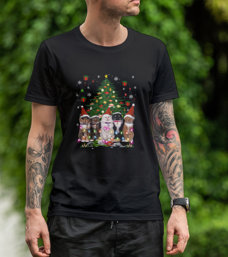 Meowy Christmas Tree Cats With Santa Hats And Lights T-Shirt