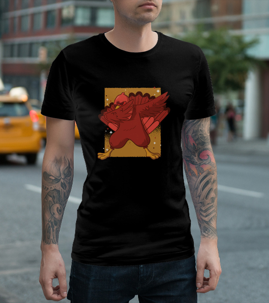 Dabbing Turkey Cartoon with Stars and Brown Background T-Shirt