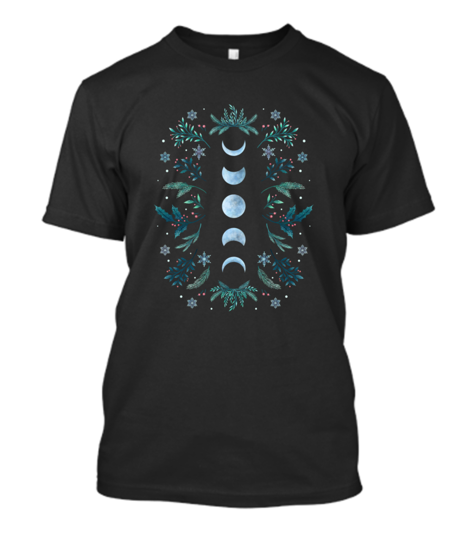 Moonlight Garden Teal Snow Lunar Phases Botanical T-Shirt