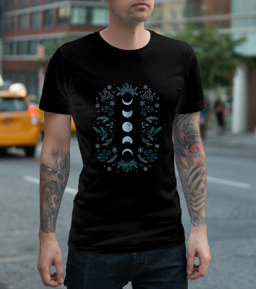 Moonlight Garden Teal Snow Lunar Phases Botanical T-Shirt