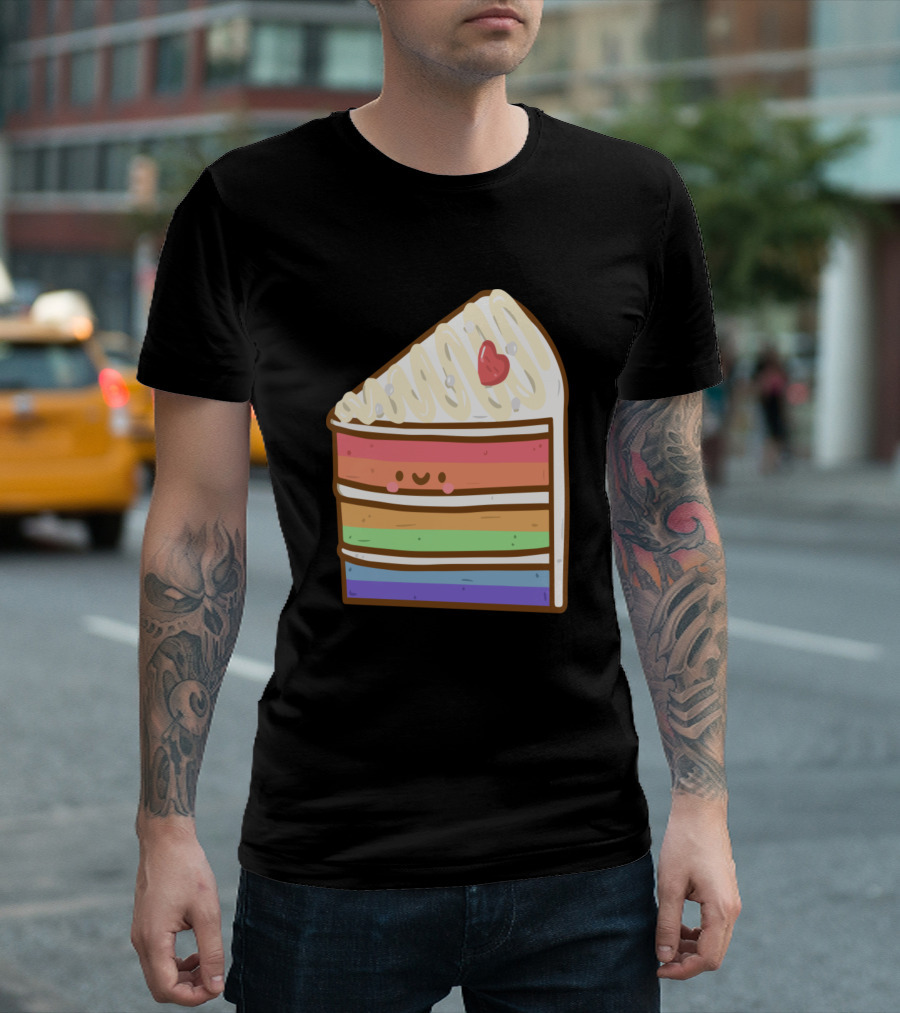Rainbow Cake Doodle Cute Kawaii Slice with Face and Heart on Icing T-Shirt