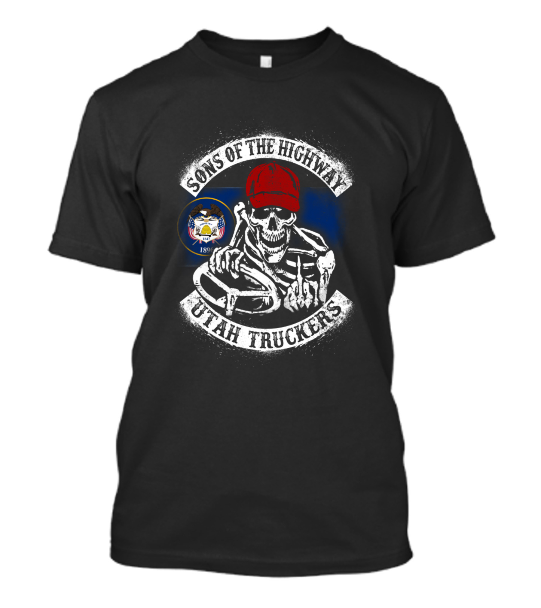 Sons Of The Highway Utah Truckers Skull Red Cap Steering Wheel State Seal T-Shirt