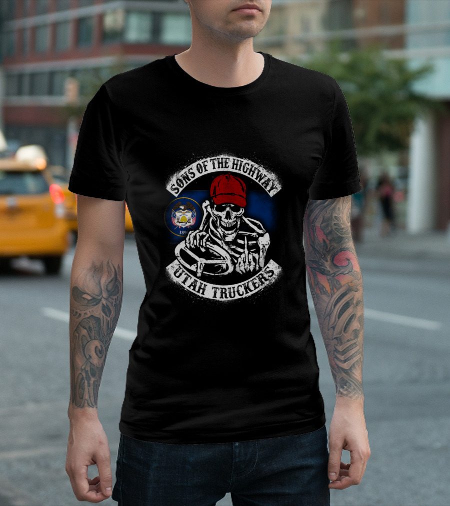 Sons Of The Highway Utah Truckers Skull Red Cap Steering Wheel State Seal T-Shirt
