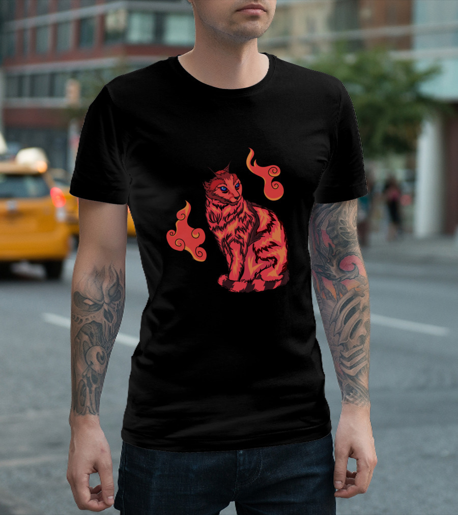 The Flaming Cat With Fiery Swirls And Blue Eyes T-Shirt