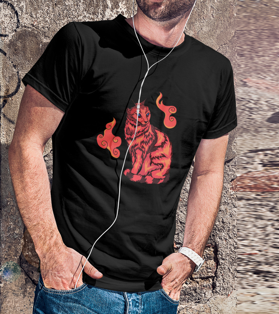 The Flaming Cat With Fiery Swirls And Blue Eyes T-Shirt