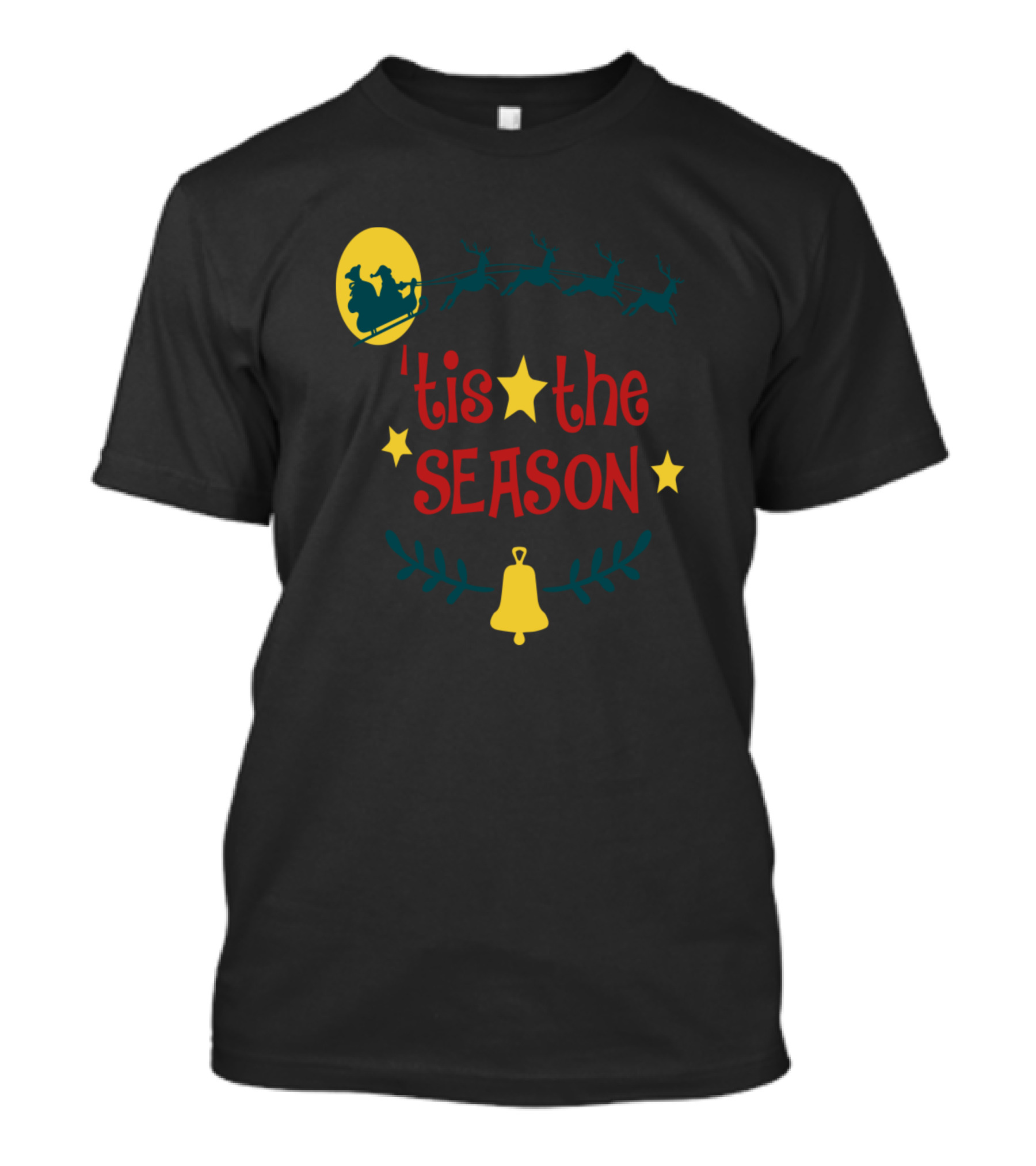 'Tis The Season Santa Sleigh Reindeer Christmas Moon Stars Bell T-Shirt