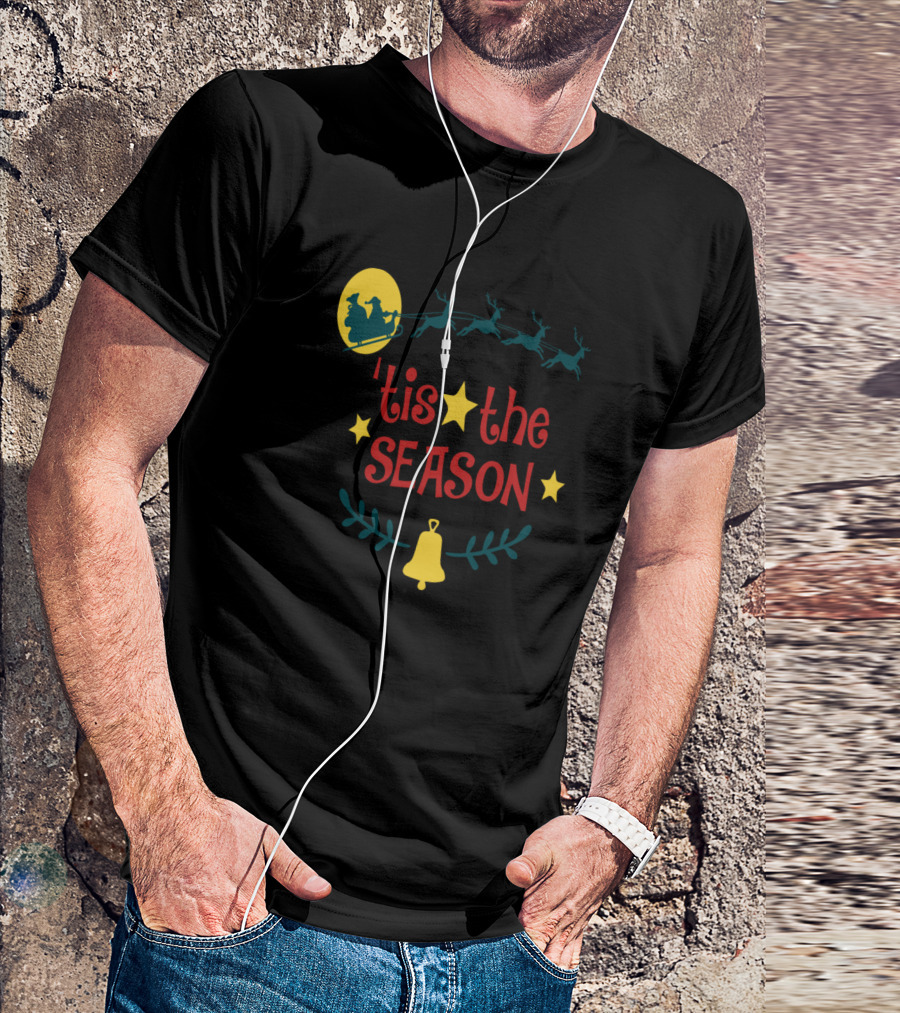 'Tis The Season Santa Sleigh Reindeer Christmas Moon Stars Bell T-Shirt