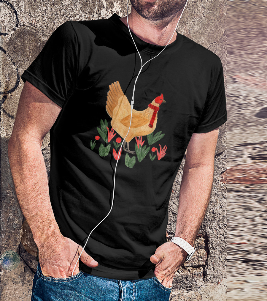 Winter Chicken With Red Scarf And Festive Foliage T-Shirt