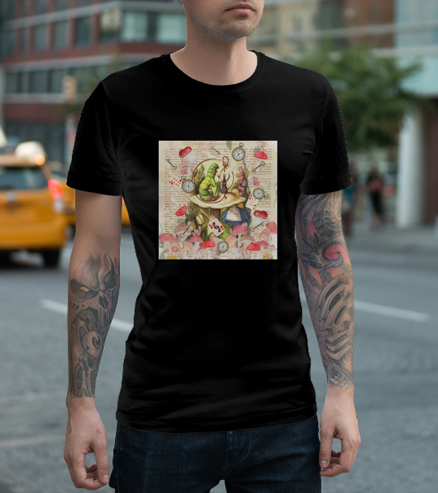 Alice and the Caterpillar Collage on Vintage Text with Mushrooms and Playing Cards T-Shirt