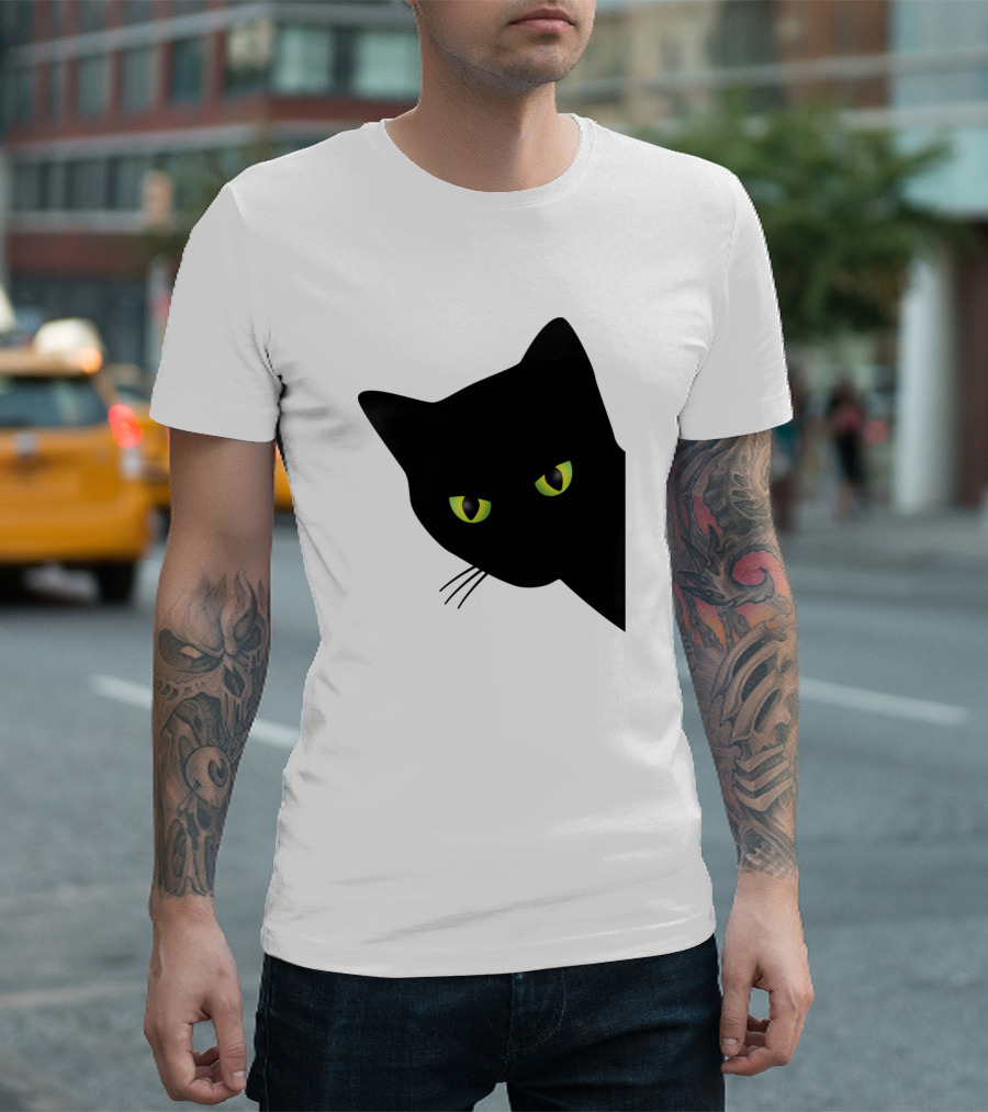Annoyed Black Cat Peering With Green Eyes Behind Corner T-Shirt