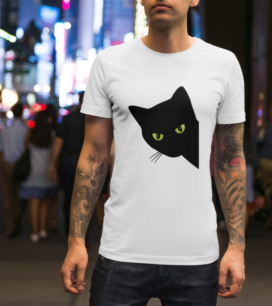 Annoyed Black Cat Peering With Green Eyes Behind Corner T-Shirt