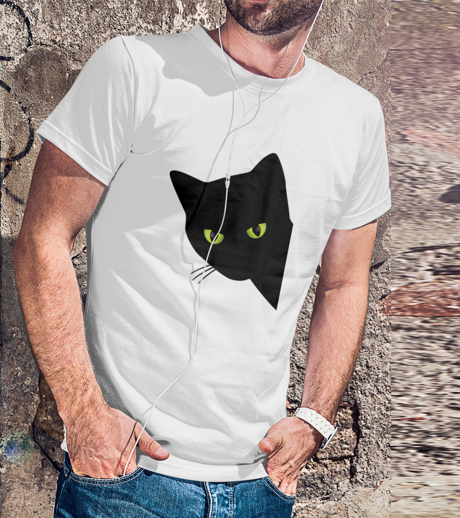 Annoyed Black Cat Peering With Green Eyes Behind Corner T-Shirt