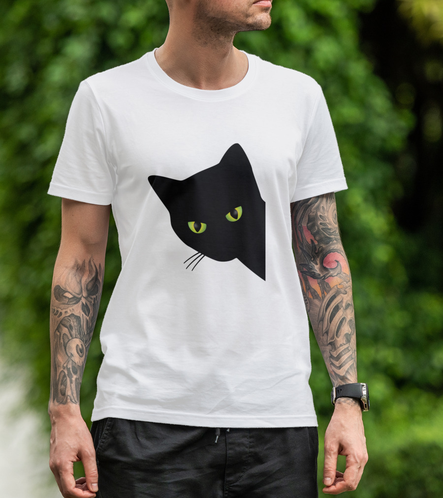 Annoyed Black Cat Peering With Green Eyes Behind Corner T-Shirt