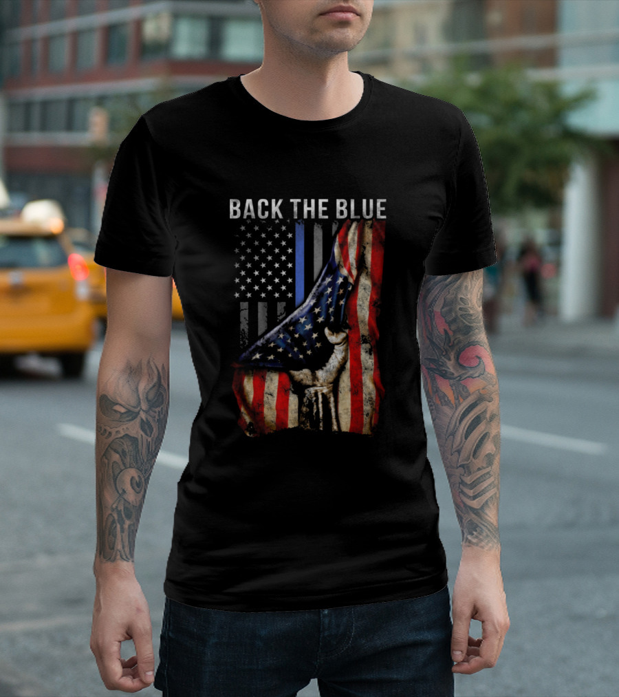Back The Blue American Flag Tribute with Bald Eagle and Thin Blue Line T-Shirt