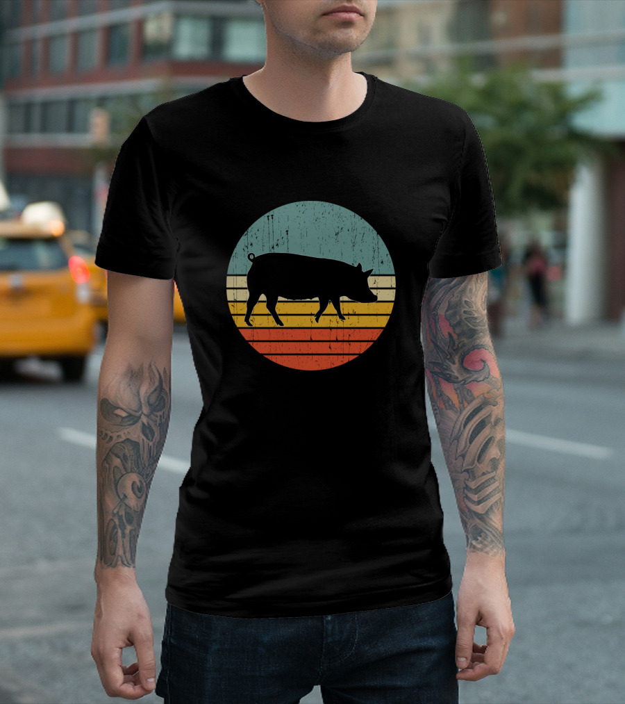 Big Sunset Vintage Pig Silhouette Retro Circle T-Shirt