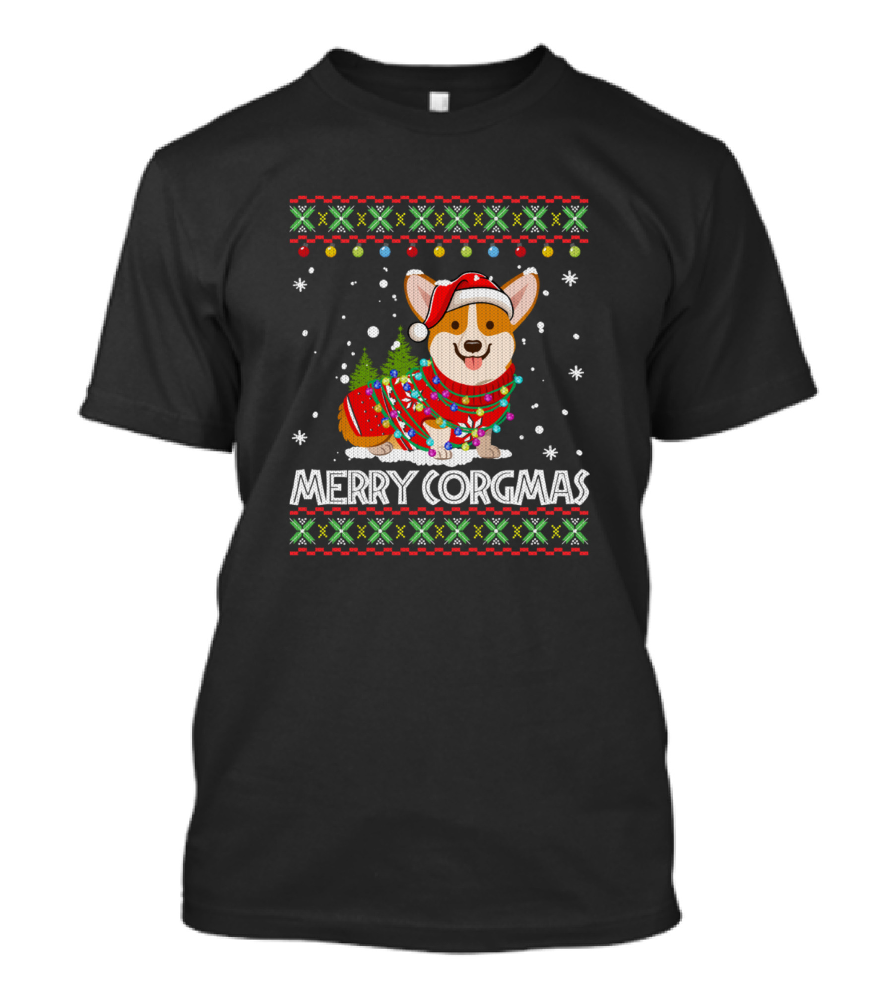 Merry Corgmas Santa Corgi Dog In Holiday Sweater With Christmas Lights T-Shirt