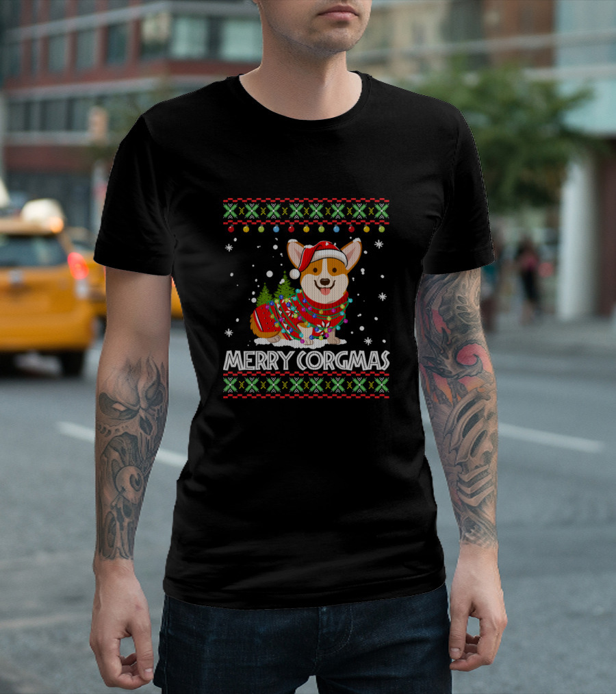 Merry Corgmas Santa Corgi Dog In Holiday Sweater With Christmas Lights T-Shirt