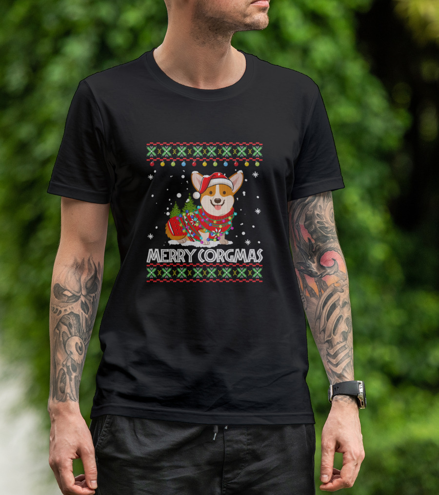 Merry Corgmas Santa Corgi Dog In Holiday Sweater With Christmas Lights T-Shirt