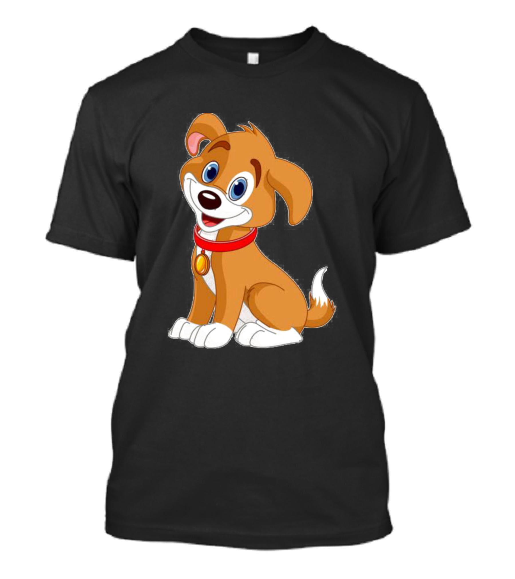 Cute Dogy Happy Cartoon Puppy With Red Collar And Gold Tag T-Shirt