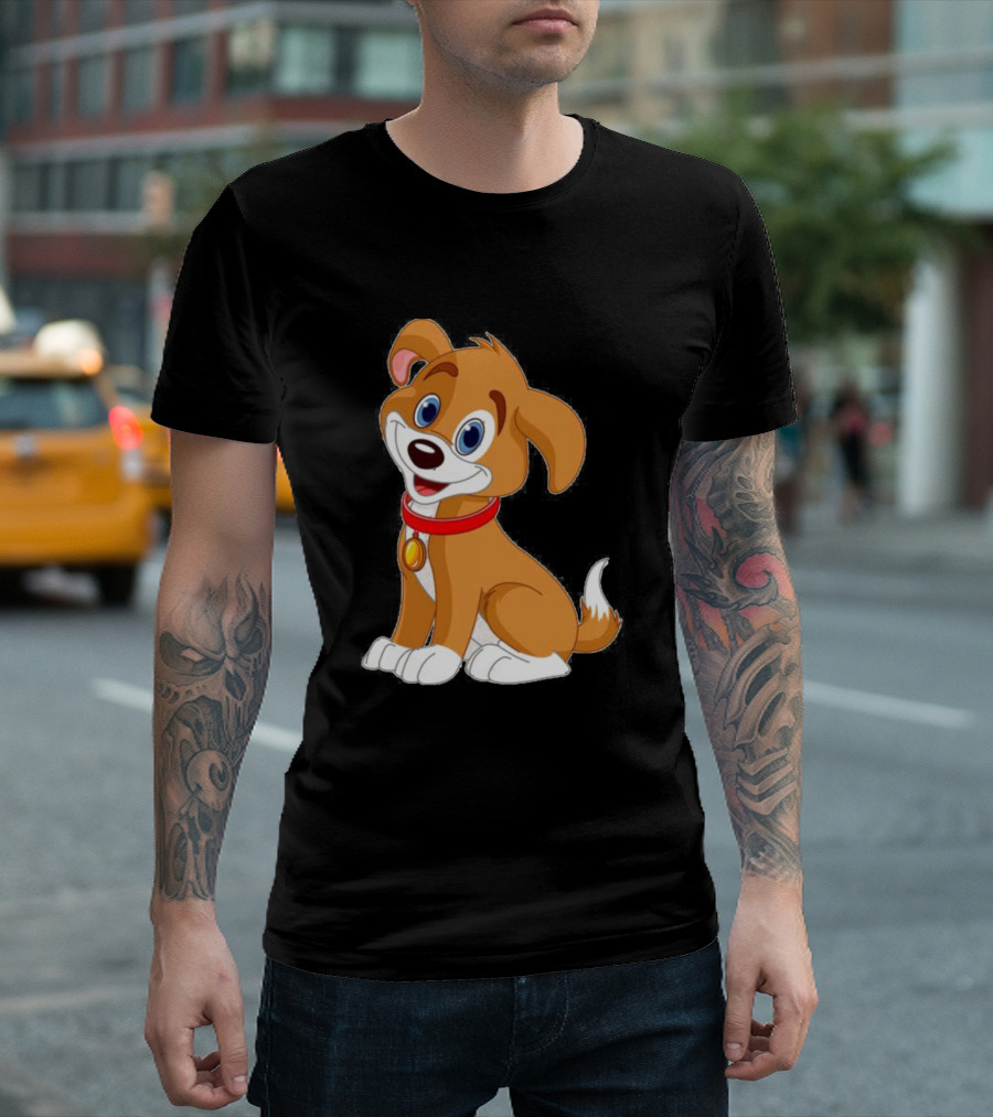 Cute Dogy Happy Cartoon Puppy With Red Collar And Gold Tag T-Shirt