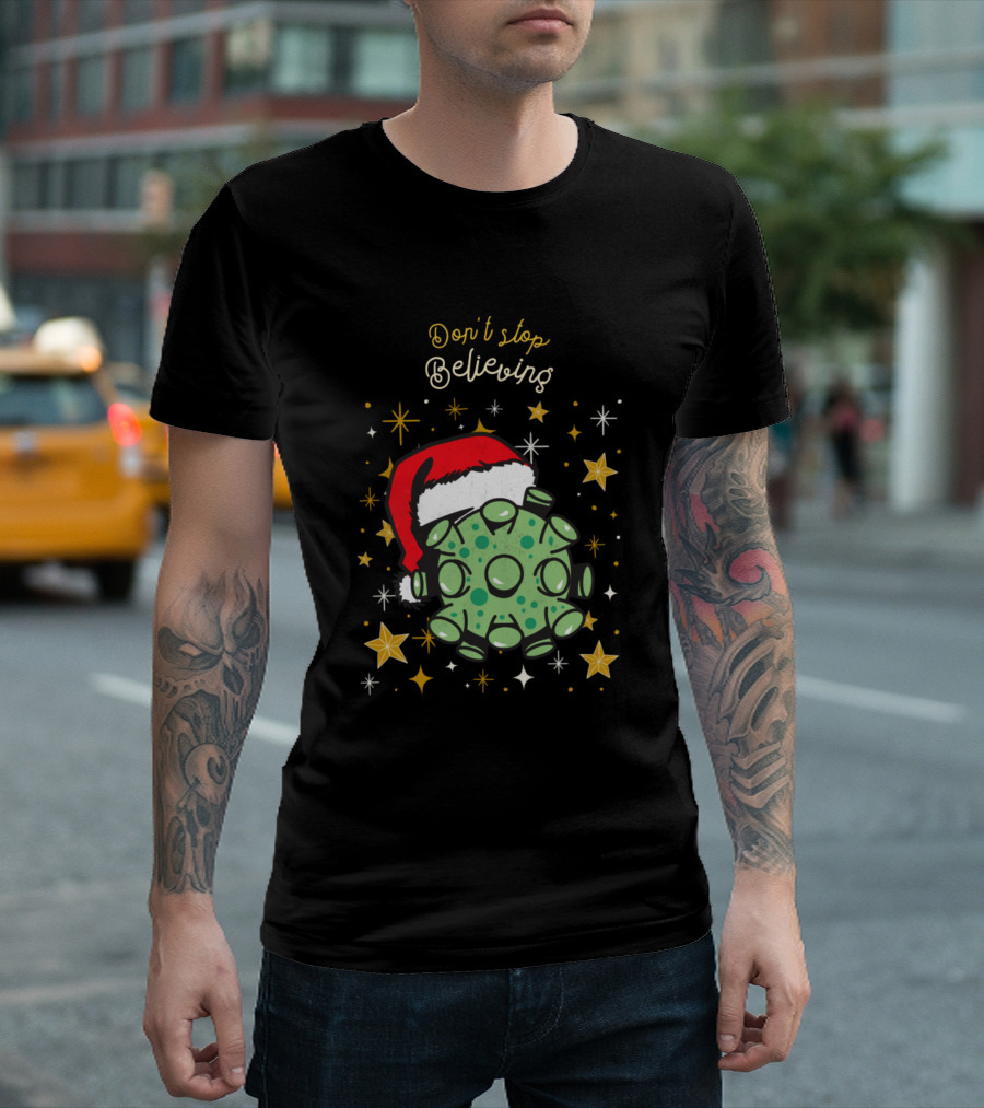 Don't Stop Believing Christmas Santa Hat Virus Stars T-Shirt