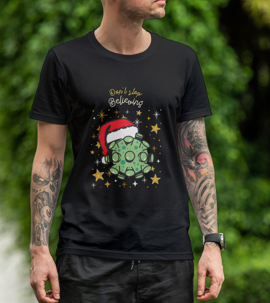 Don't Stop Believing Christmas Santa Hat Virus Stars T-Shirt