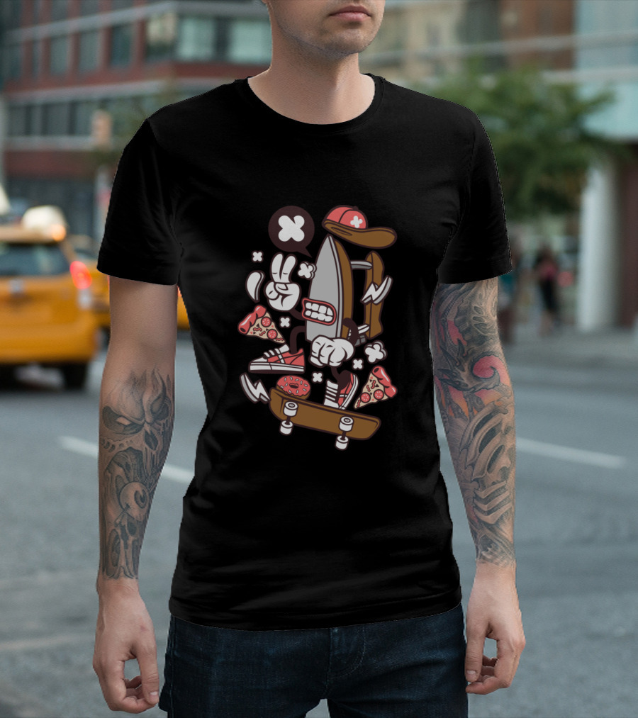 Dry Iron Skateboarding Pizza Sneakers Animated Fun T-Shirt