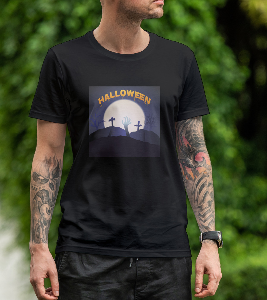 HALLOWEEN Full Moon Rising With Tombstones And Creepy Hand T-Shirt