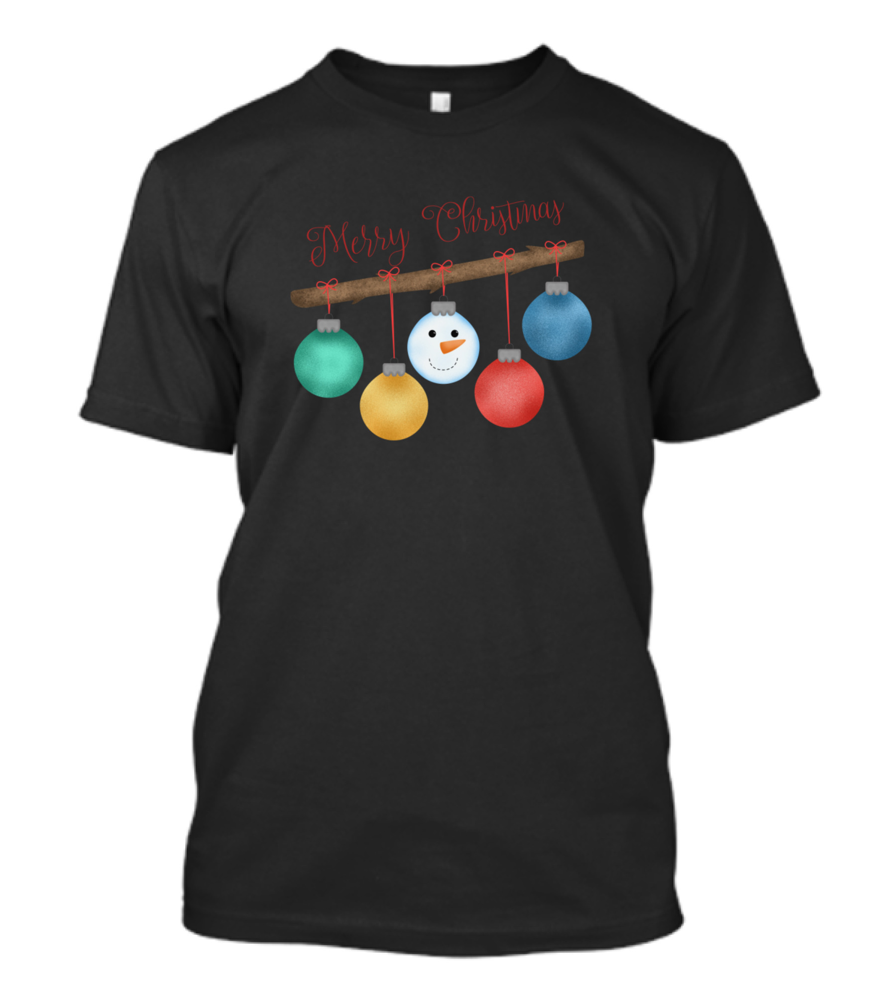 Merry Christmas Colorful Ornaments With Snowman On Branch T-Shirt