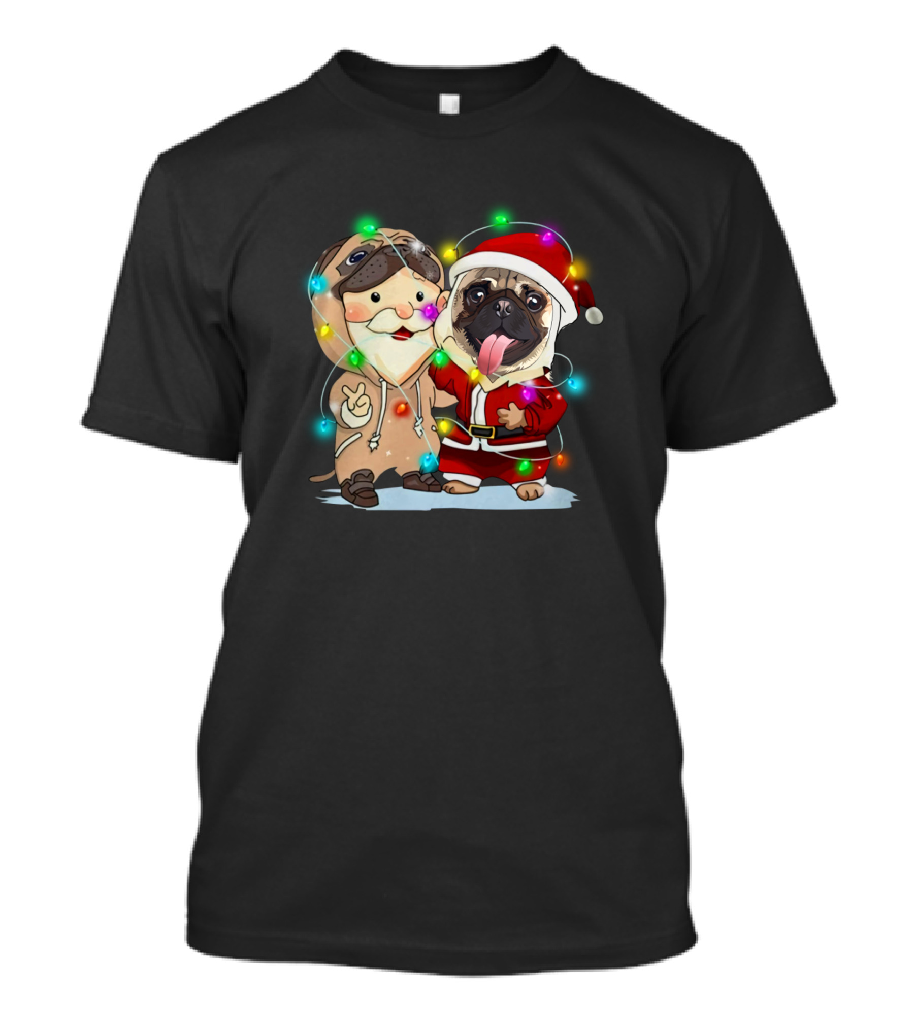 Santa Claus Pug And Dog In Christmas Lights T-Shirt