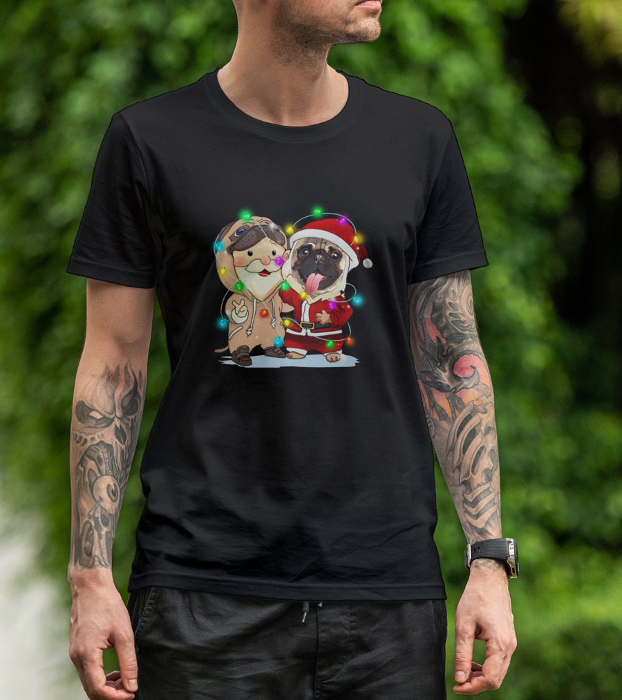 Santa Claus Pug And Dog In Christmas Lights T-Shirt