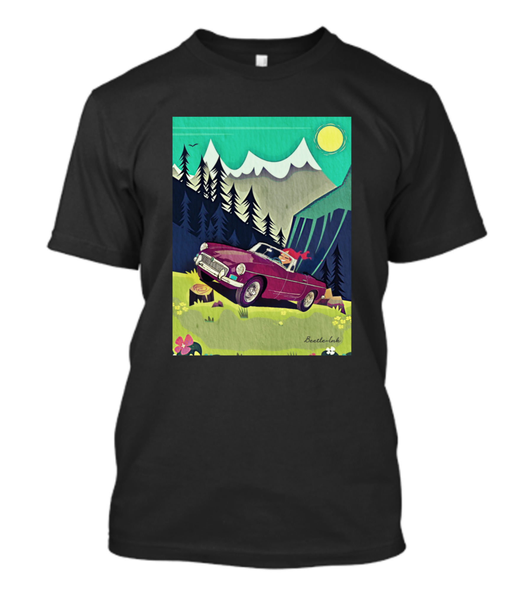 Suisse Alpine Adventure Vintage Car With Scenic Mountain Landscape T-Shirt
