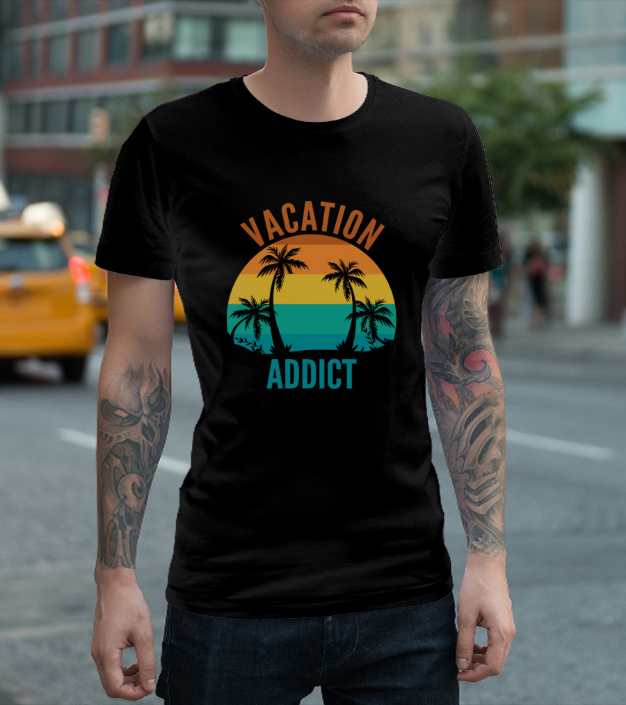 Vacation Addict Palm Trees Sunset Stripes T-Shirt