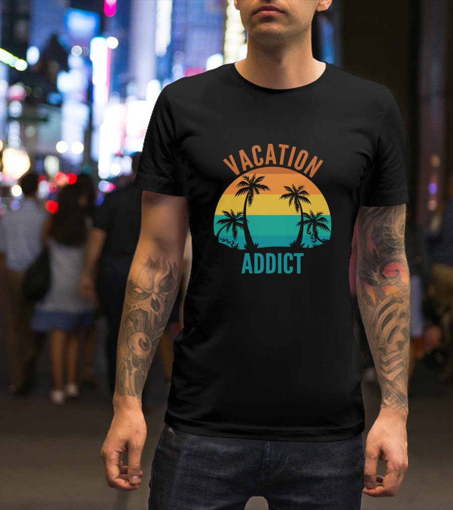 Vacation Addict Palm Trees Sunset Stripes T-Shirt