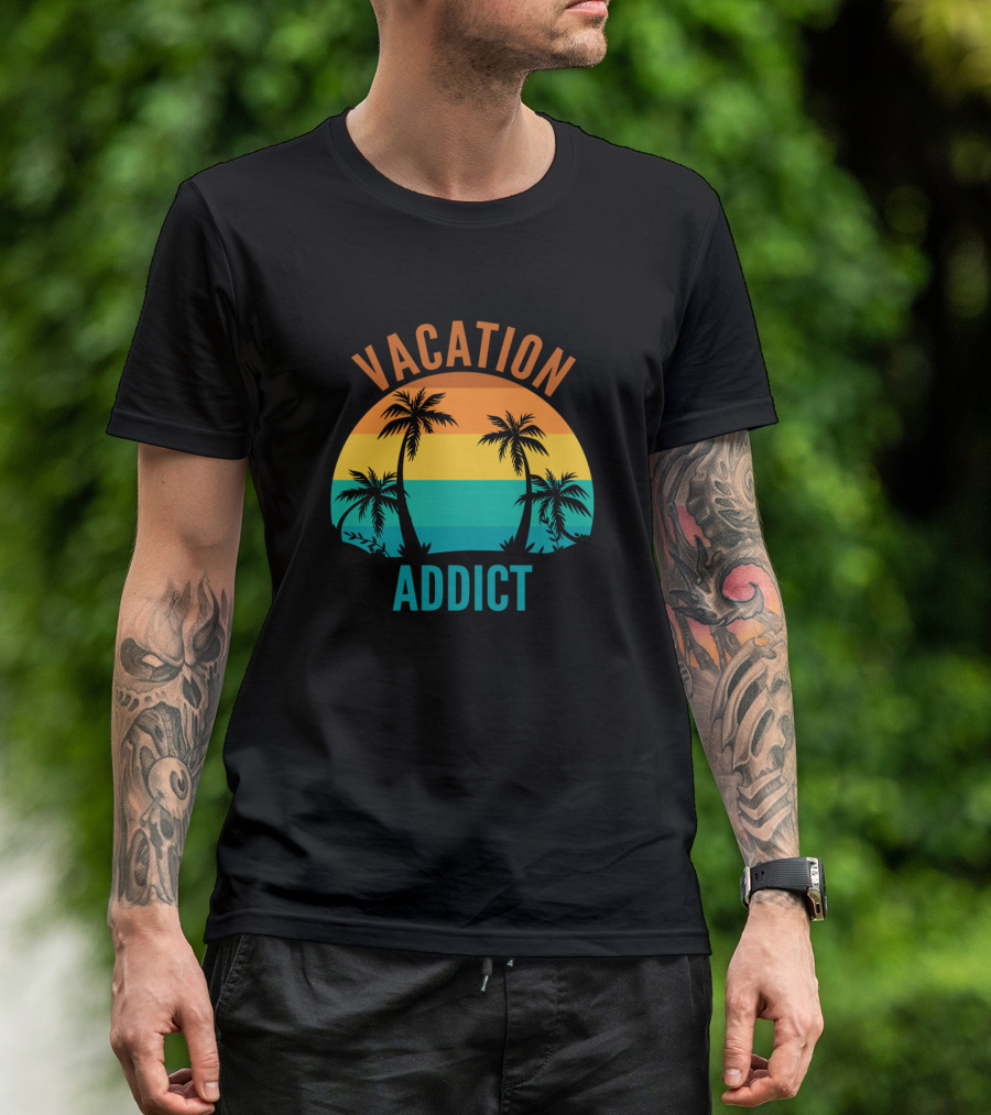 Vacation Addict Palm Trees Sunset Stripes T-Shirt
