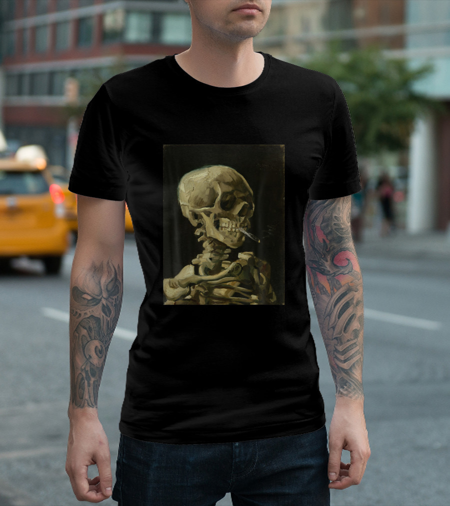Vincent Van Gogh Smoking Skeleton with Burning Cigarette T-Shirt