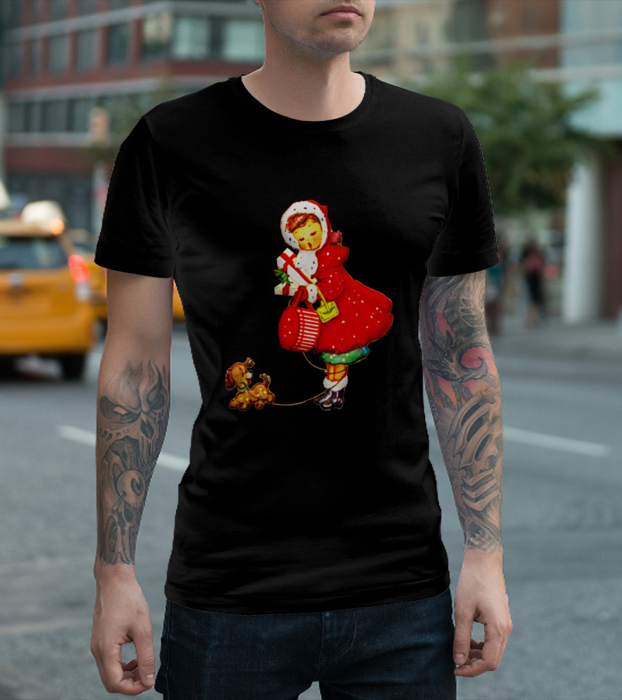 Vintage Christmas Girl And Dog in Red Hood with Presents T-Shirt