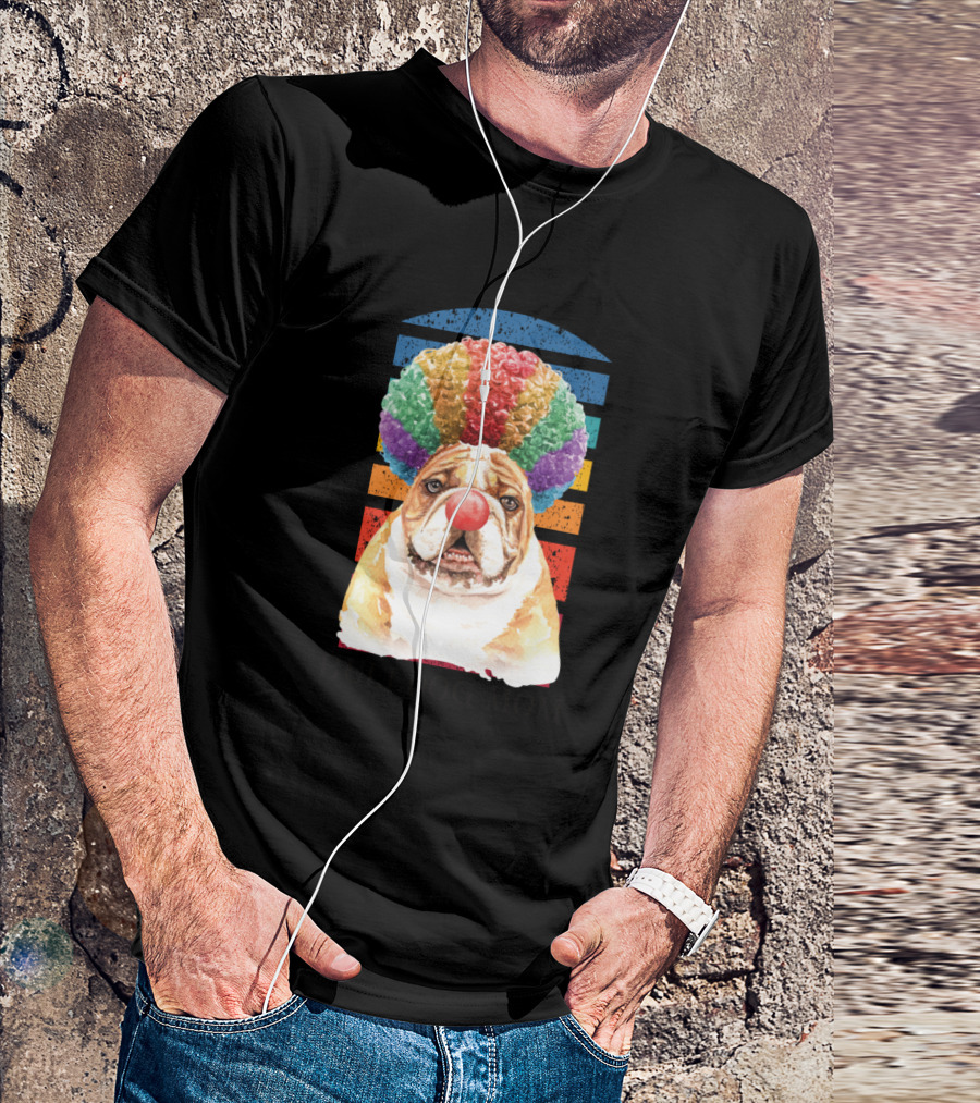 Bulldog Mom Clown Costume With Rainbow Wig And Red Nose T-Shirt