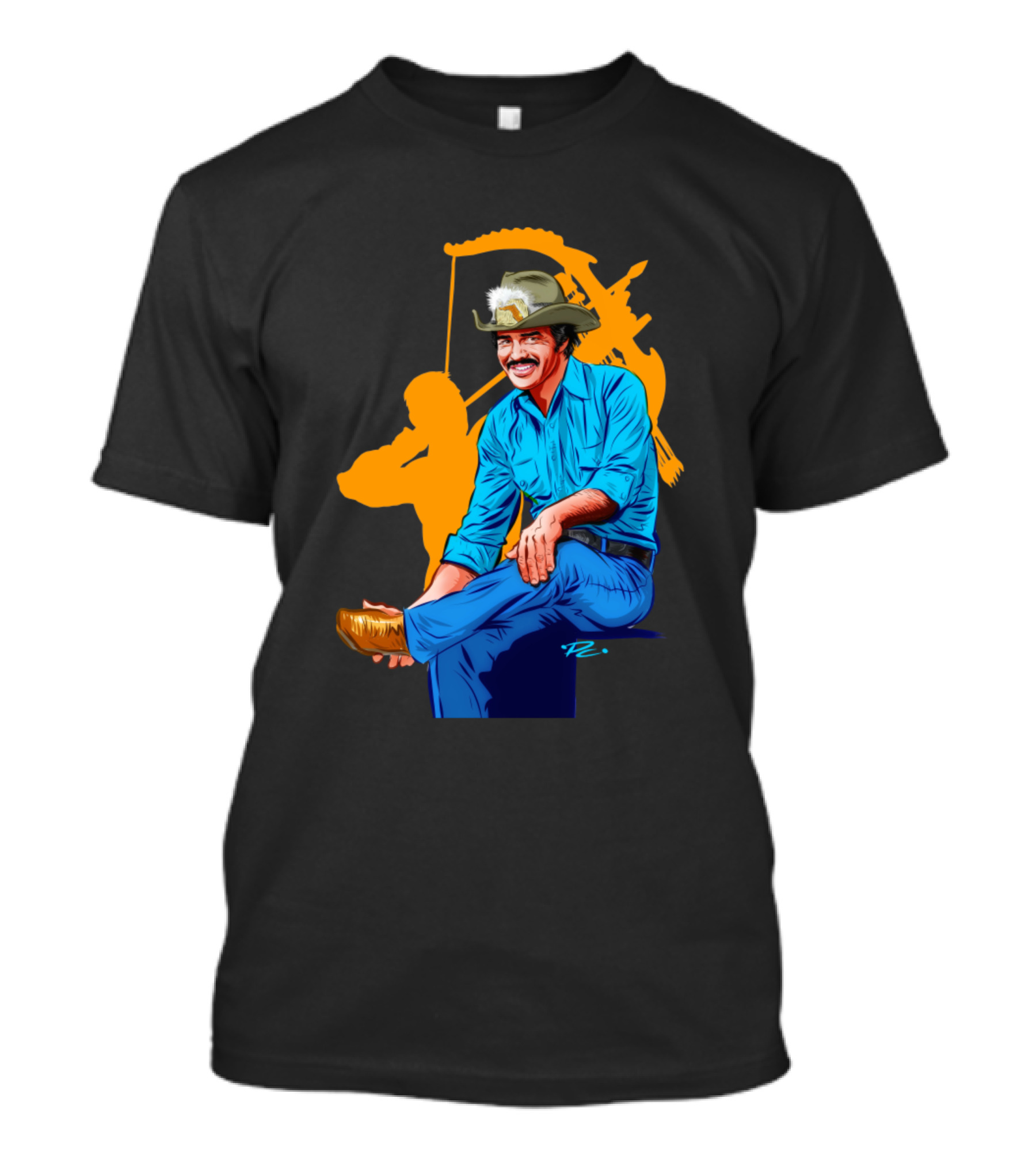 Burt Reynolds Illustration Paul Cemmick Iconic Cowboy Pose Blue Shirt Mustache Rancher T-Shirt