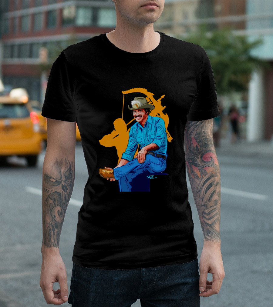 Burt Reynolds Illustration Paul Cemmick Iconic Cowboy Pose Blue Shirt Mustache Rancher T-Shirt