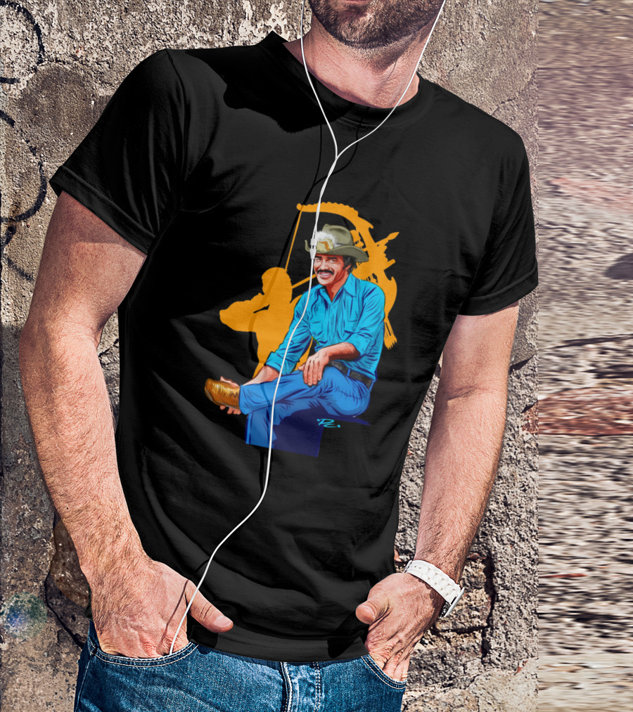 Burt Reynolds Illustration Paul Cemmick Iconic Cowboy Pose Blue Shirt Mustache Rancher T-Shirt