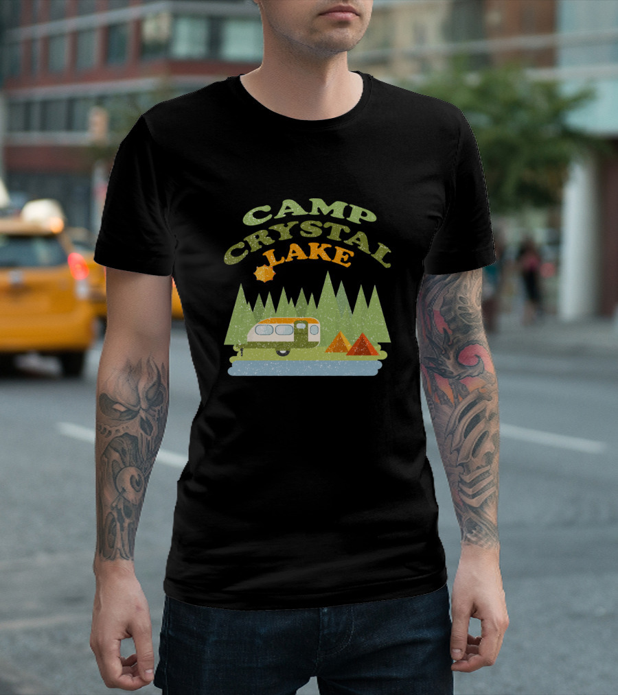 Camp Crystal Lake Forest Camper and Tents by Lake T-Shirt