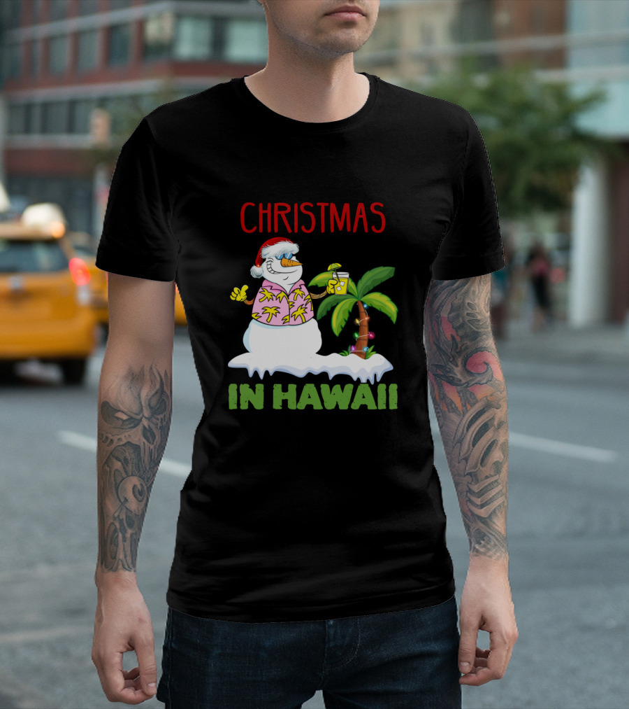 Christmas In Hawaii Mele Kalikimaka Santa Snowman with Palm Tree T-Shirt