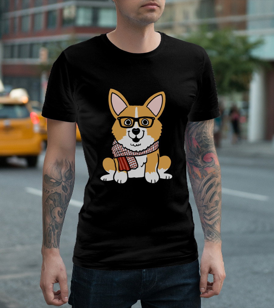 Dog Corgi Hipster Glasses Scarf T-Shirt